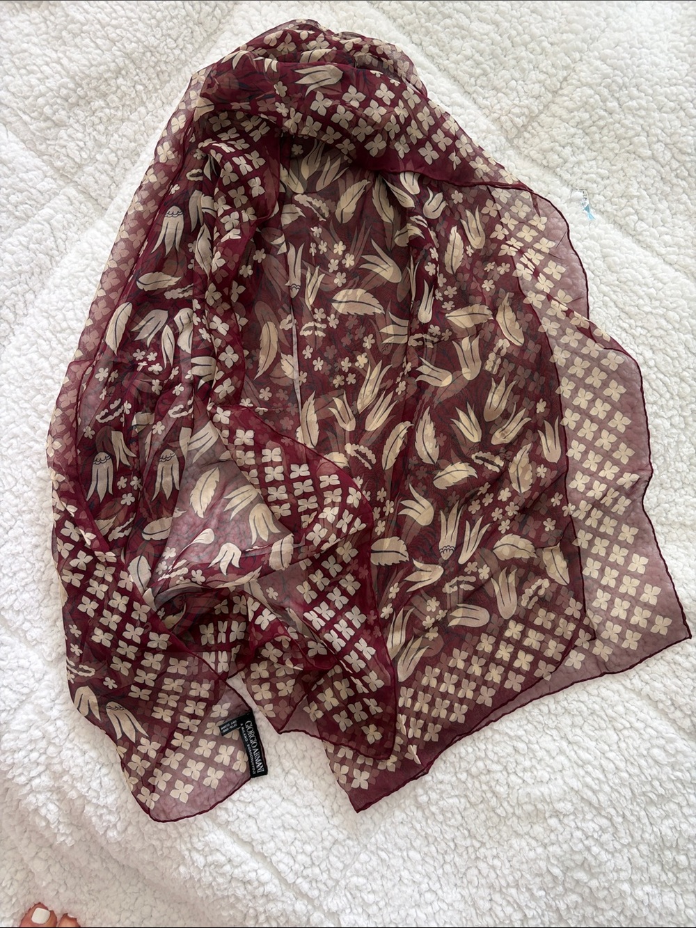Giorgio Armani Burgundy and Cream Floral Silk Scarf